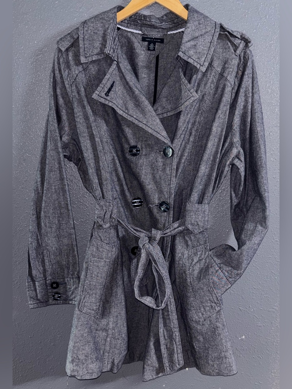 Tommy Hilfiger Gray Double-Breasted Trench Coat with Belt
